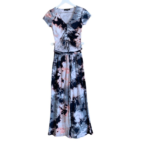 Derek Heart Pants - Derek Heart 2 Piece Blue Marble Cinch Front Wide Leg Loungewear Set
